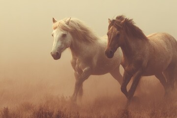 Obraz premium Two horses running through a misty landscape at sunrise in a quiet, natural setting