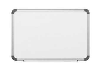 Empty rectangular white dry-erase board with sleek silver metal frame and rounded corners, isolated on seamless transparent background with ample copy space. Concept of creative potential