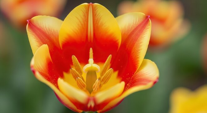 Captivating close-up of a vibrant red and yellow tulip in full bloom, showcasing its delicate petals and intricate center against a soft background.