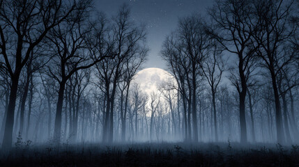Moonlight casts eerie shadows in a dark, leafless forest at night