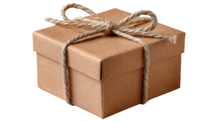 Gift Box Delight: A close-up of a charming, square gift box, artfully adorned with a rustic twine bow, evoking feelings of anticipation and thoughtfulness.