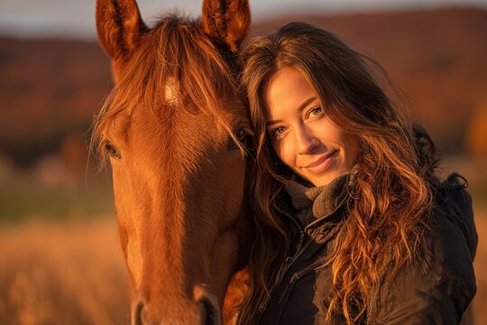 Young woman smiles while petting a horse during sunset in a serene countryside setting full of warm autumn colors - Powered by Adobe