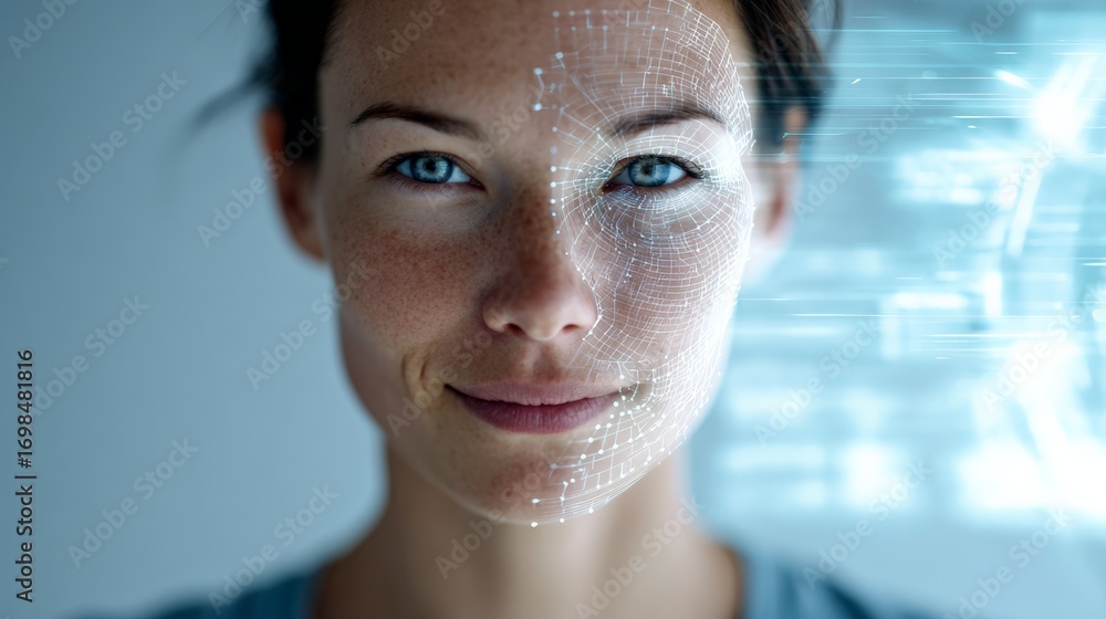 Aufkleber artificial intelligence is scanning a smiling woman's face, creating a futuristic biometric facial r