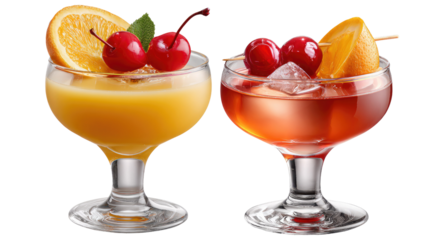 Summer Refreshments: A vibrant display of two alluring, chilled cocktail glasses, garnished with fresh fruit, beckons with the promise of refreshing flavors and vibrant colors. 