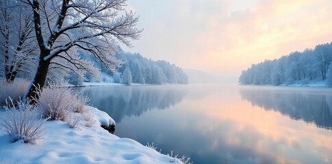 Frozen lake reflecting a wintry sky, ice crystals clinging to bare branches, stark landscape bathed in pale sunlight  Perfect for winter, cold, nature, serenity themes ,  branches,  serene