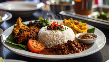 Nasi Padang Mixed Rice with Dishes. Traditional Indonesian Food