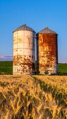 Two weathered grain silos in a golden wheat field at sunset