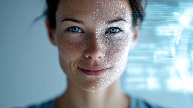 Artificial intelligence is scanning a smiling woman's face, creating a futuristic biometric facial recognition system with glowing lines and data points - Powered by Adobe
