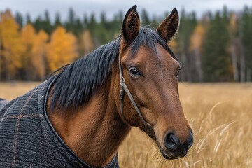 Obraz premium Horse standing in a field wearing a blanket surrounded by autumn trees under a cloudy sky