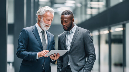 Senior financial analyst discussing earnings trends with a colleague in an office setting