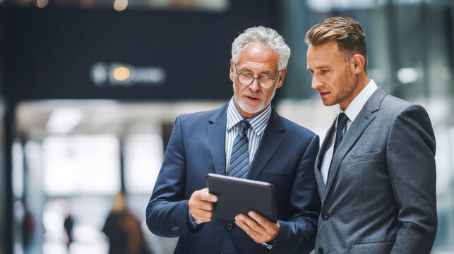 Senior financial analysts discussing earnings report in a corporate office environment