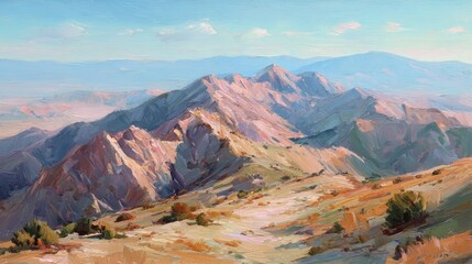 Desert mountain range vista, sunlit peaks
