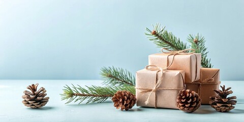 Rustic Christmas Presents Wrapped in Eco-Friendly Paper with Pine Cones and Evergreen Branches on a Light Blue Surface