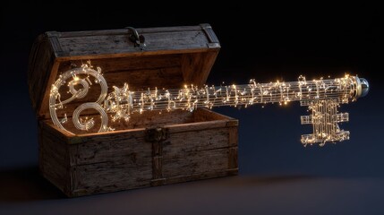 Ornate key, glowing with light, rests in an opened treasure chest