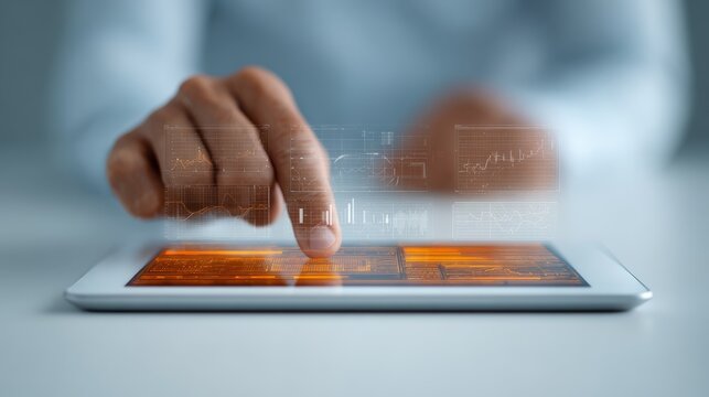 Businessman interacts with a futuristic tablet, navigating holographic charts, graphs, and data visualizations, showcasing innovative technology for business analysis and decision making