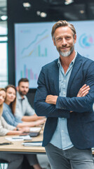 Successful project manager leading business meeting with engaged team members in modern office