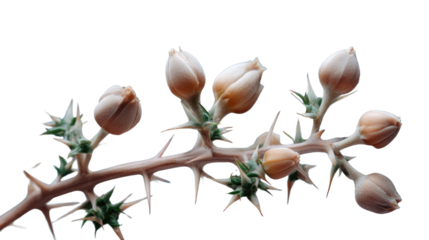 Thorny Branch with Buds: A macro shot focuses on a thorny branch adorned with delicate buds, showcasing the intricate beauty of nature's design.