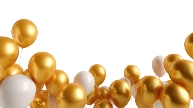 Golden Balloons: A captivating display of golden balloons float delicately against a backdrop, each reflecting light, suggesting festivity and celebration.