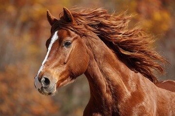 Fototapeta premium Beautiful chestnut horse with flowing mane running in the autumn scenery during golden hour light
