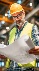 Focused project manager reviewing plans in a construction site during daytime