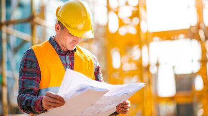 Focused project manager reviewing construction plans at a busy job site during daylight hours