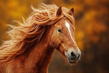 Obraz premium Majestic horse with flowing mane in a golden autumn landscape with vibrant foliage