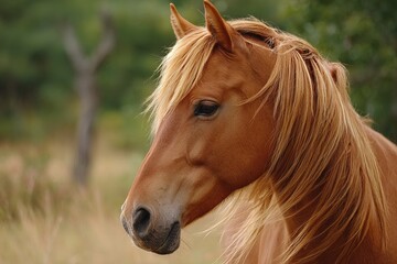 Obraz premium Horse standing gracefully in a lush green field with a vibrant background of trees during a sunny day