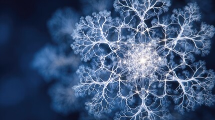 Detailed, light-blue fractal snowflake design on dark background