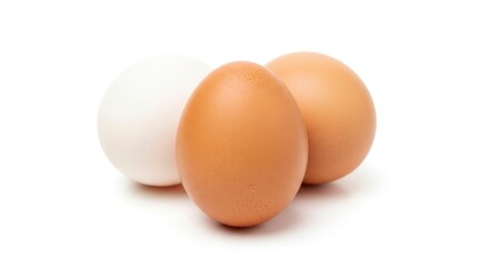 Fresh white and brown chicken eggs, perfect for breakfast or baking, isolated on a clean white background.