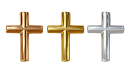 Golden Crosses of Faith: Three gleaming crosses, each with a distinct metallic finish, represent the enduring symbol of faith, hope, and redemption, embodying reverence and spiritual devotion.