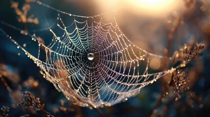 Dewdrop-laden spiderweb at sunrise