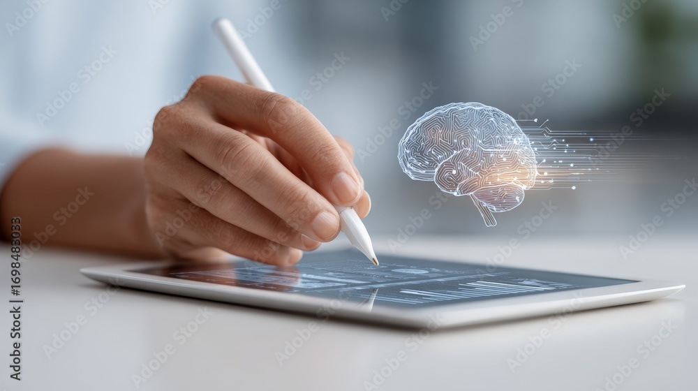 Poster businesswoman using tablet with stylus pen, working with artificial intelligence holographic brain, 