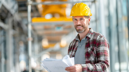Confident project manager overseeing construction site while reviewing important documents