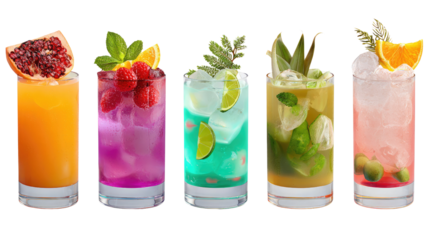 Array of Colorful Cocktail Delights: An eye-level studio shot presents five vibrant cocktails, each a unique mixology creation, overflowing with refreshing ingredients like fruits and herbs.