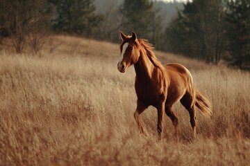 Majestic chestnut horse galloping gracefully through golden grassland under soft evening light