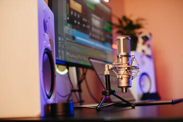 Professional microphone recording music in home studio setup