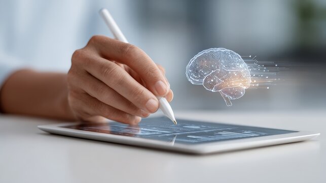 Businesswoman using tablet with stylus pen, working with artificial intelligence holographic brain, data analysis and processing, machine learning and deep learning concept - Powered by Adobe