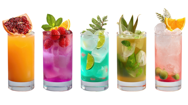Array of Colorful Cocktail Delights: An eye-level studio shot presents five vibrant cocktails, each a unique mixology creation, overflowing with refreshing ingredients like fruits and herbs.