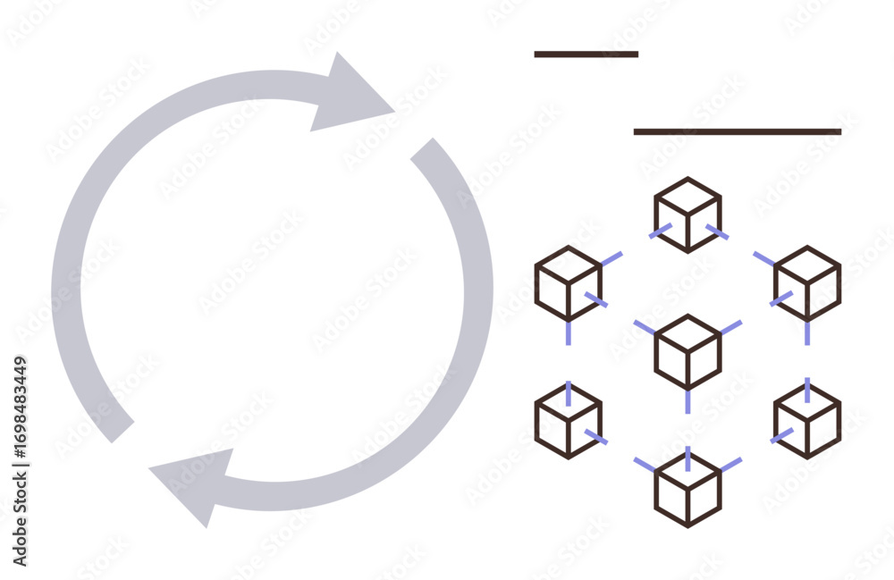 Poster circular arrows indicating cycle or process next to grid of connected cubes representing blockchain 