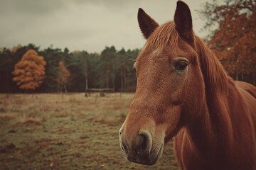 Fototapeta premium Rustic brown horse standing in a field surrounded by autumn foliage near a tranquil forest setting