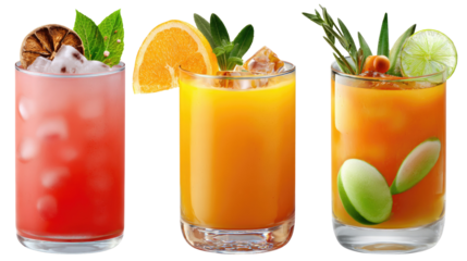 Exotic Cocktail Trio: A colorful array of three vibrant cocktails tantalize the senses, each adorned with a unique garnish that enhances their refreshing appeal.