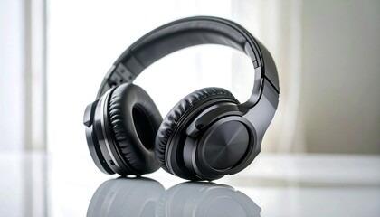 Black over-ear headphones on a reflective surface