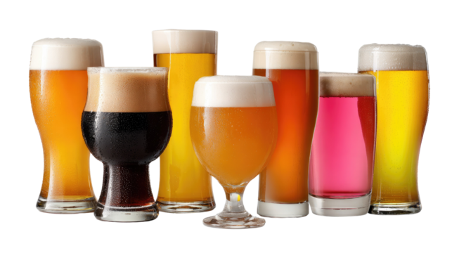 A Symphony of Brews: A visually stunning assortment of various beer glasses, each overflowing with different golden, amber, and dark brews, creating a colorful and inviting tableau of refreshment.