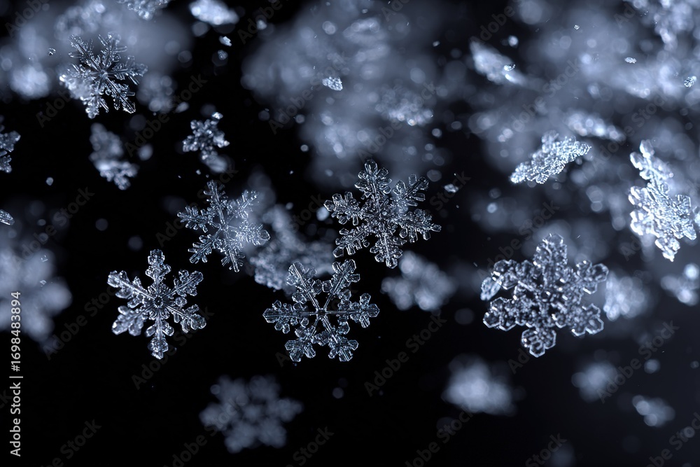 Poster falling snowflakes create a delicate winter atmosphere in a dark background