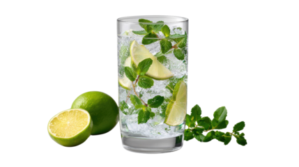 Mojito Magic: A refreshing mojito, bursting with vibrant green limes and fresh mint leaves, offering a moment of pure, chilled enjoyment.
