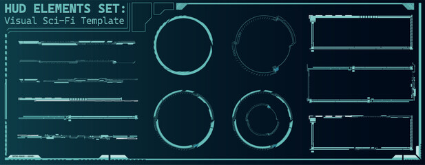 This collection features various futuristic HUD elements in a sleek design suitable for sci-fi themes. The glowing blue interfaces include circular and rectangular shapes ideal for digital interfaces.