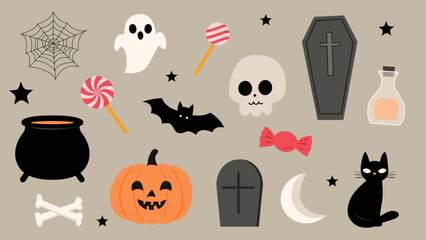 Halloween set. Colored Halloween icons with bats, pumpkins, spider web, ghosts, black cat, skull, bones, tombstone, coffin, cauldron, moon, candy and poison in a bottle.