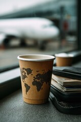 A disposable coffee cup featuring a world map design sits on a surface near an airport window, with a blurred airplane in the background.