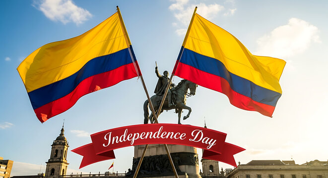 Celebrate national day with flags and monument for colombian independence day