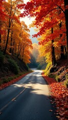 Serene winding road cuts through vibrant autumn foliage, sunlight dappling the leaves  Perfect for travel, nature, and autumn themes ,  fall,  lane,  picturesque